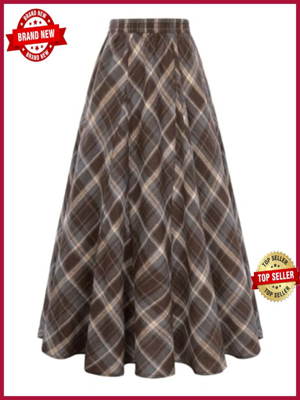High Waist A Line Maxi Skirt with Pockets Elastic Waistband Godet Hem Plaid